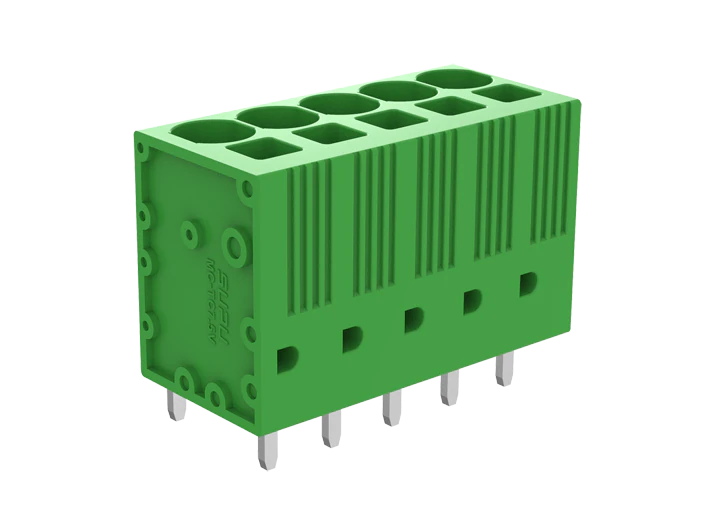 Клемма на плату MC-TC7.5V04P-0001 - Клемма, вертикальный подвод кабеля, на плату, шаг: 7.5 мм, 4 полюса, фиксация провода пружинная, исполнение: стандартное, 1000V, 41A, цвет: зеленый
