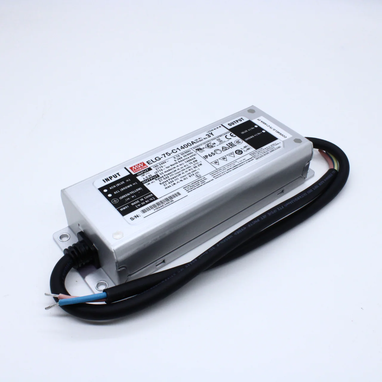 ELG-75-C1400A-3Y - AC-DC, 75.6Вт, IP65, вход 100…305В AC, 47…63Гц/142…431В DC, ККМ, выход 27…54В/1400мА, изоляция 3750В AC, в кожухе 180х63х35.5, -40…+85°С (корпус), рег. выхода, с проводом заземления