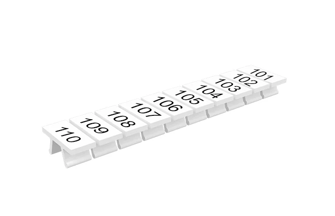 Маркировка  305801/101...110V - Маркировочные шильдики для клемм TU/TP/TC, сечением 2,5 мм кв., 10 шильдиков, нанесенные символы: 101...110, с вертикальным расположением, цвет белый