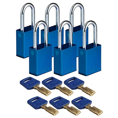 gws150302 - Замки SafeKey алюминиевые со стальной дужкой, высота дужки – 38 мм, диаметр дужки – 6.4 мм, алюминиевый корпус, размеры корпуса – 46х38х19 мм, цвет – синий, 6 шт/упак