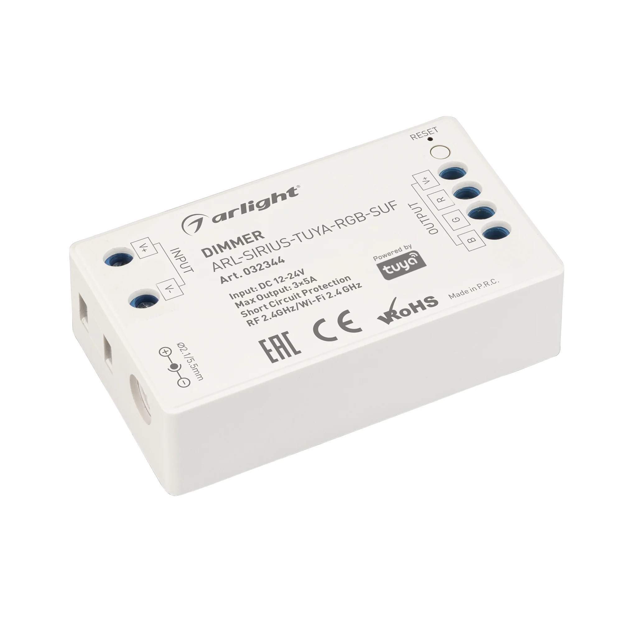 Диммер ARL-SIRIUS-TUYA-RGB-SUF (12-24V, 3x5A, 2.4G) 032344 - Контроллер трёхканальный для RGB светодиодных лент. Питание/рабочее напряжение 12-24VDC, максимальный ток 5A на канал, 3 канала, максимальная мощность 180-360W. Частота ШИМ 1kГц, Wi-Fi 2.4G. Вин