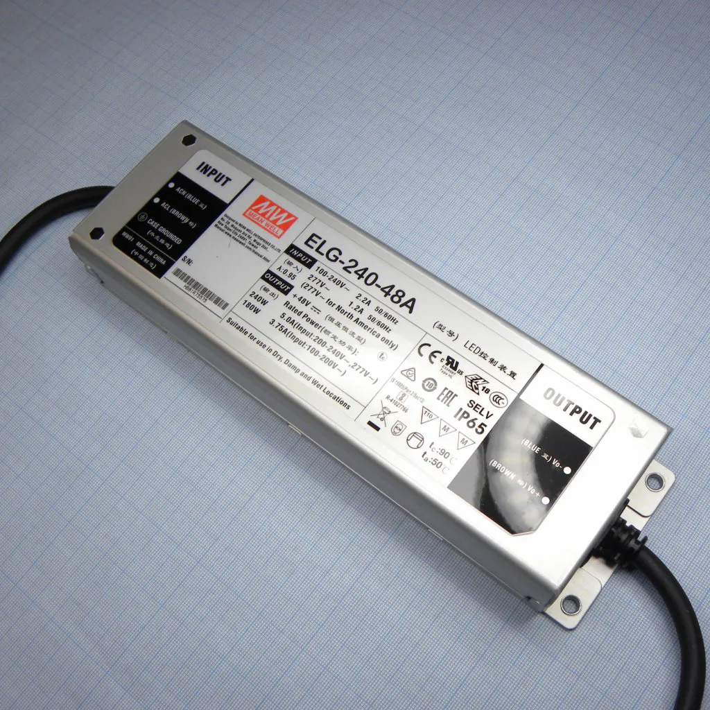 ELG-240-48A - AC-DC, 240Вт, IP65, вход 100…305В AC, 47…63Гц/142…431В DC, ККМ, выход 24...48В/5А, изоляция 3750В AC, в кожухе 244х71х37.5мм, -40…+85°С (корпус), потенциометры