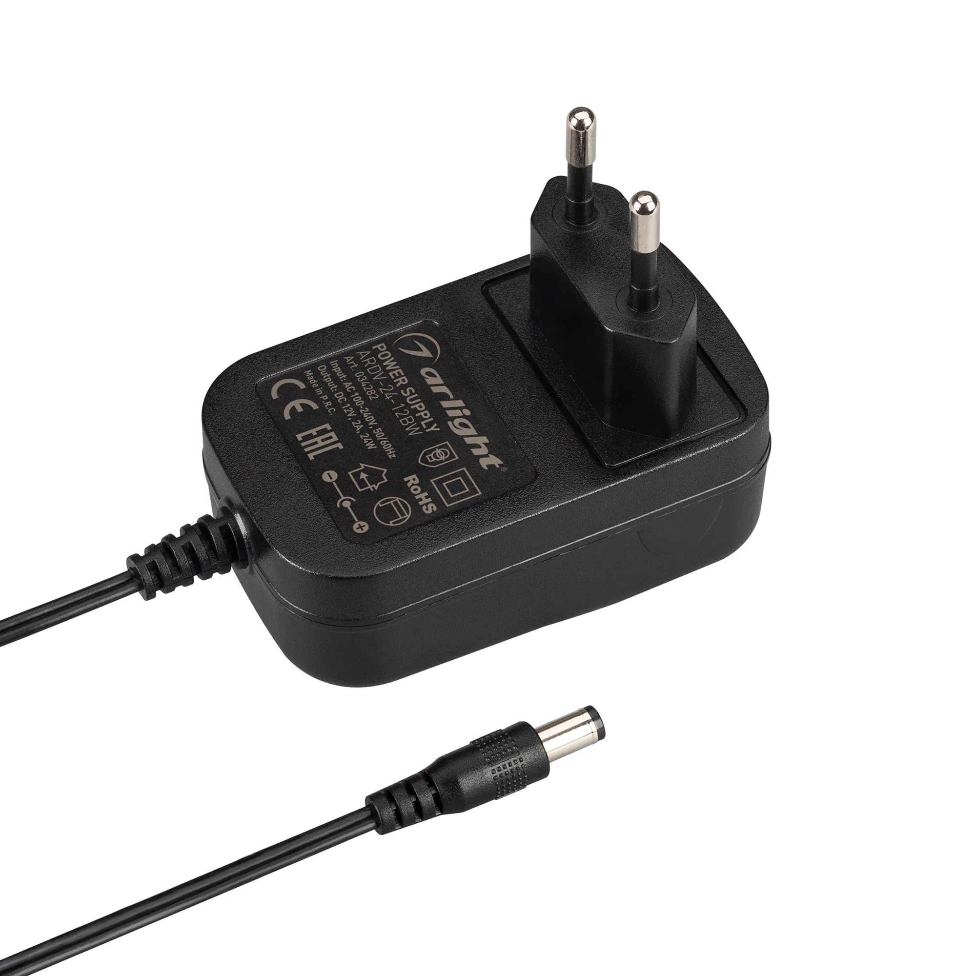 Блок питания ARDV-24-12BW (12V, 2A, 24W) 034282 - Сетевой адаптер с гальванической развязкой для светодиодных лент 12 В (черный корпус). Мощность 24 Вт. Вход:100-240VAC, Выход: DC12V 2A, длина кабеля 1.5 м, коннектор 5.5x2.1x10мм. Размер 75x45x32 мм (разм