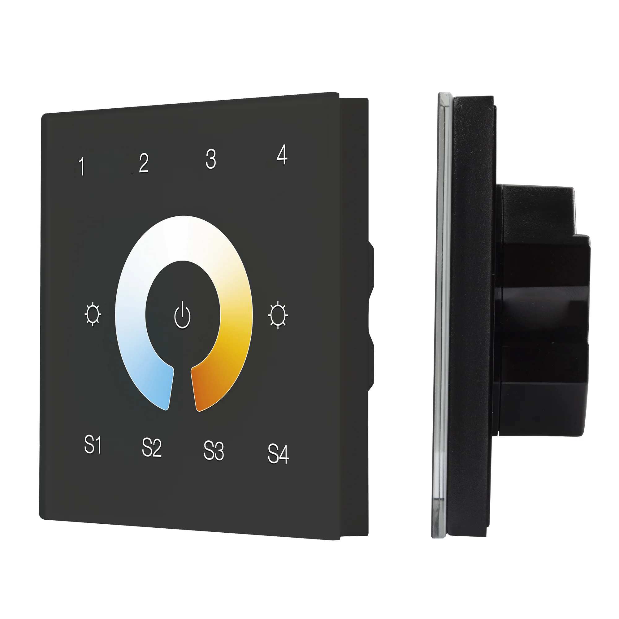 INTELLIGENT ARLIGHT Сенсорная панель DALI-901-11-4G-4SC-MIX-DT8-IN Black (BUS/230V) 037197 - Настенная встраиваемая стеклянная панель чёрного цвета с сенсорным управлением (сенсорное кольцо и 11 сенсорных кнопок) для светодиодных MIX-лент. 4 группы управл