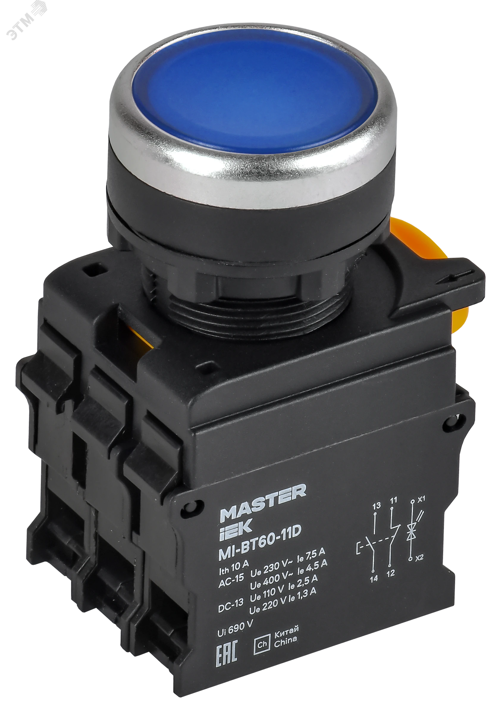 Кнопка с подсветкой d=22мм 1NO+1NC синяя MASTER IEK MI-BT60-11D-3-12-K07