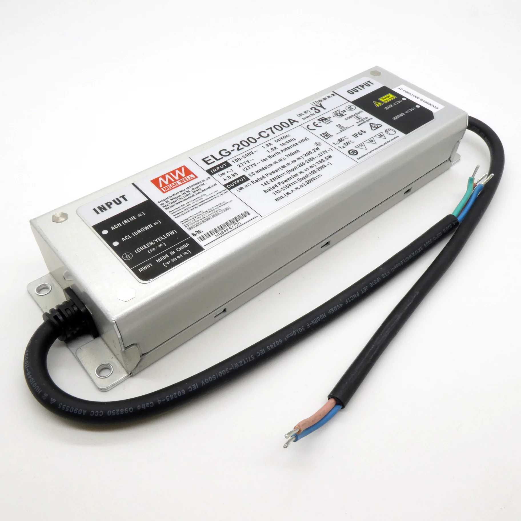 ELG-200-C700A-3Y - AC-DC, 200.2Вт, IP65, вход 100…305В AC, 47…63Гц/142…431В DC, ККМ, выход 142...286В/700мА, изоляция 3750В AC, в кожухе 244х71х37.5, -40…+85°С (корпус), потенциометры, с проводом заземления
