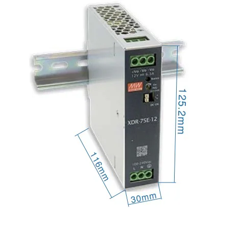XDR-75E-48 - Преобразователь AC-DC на DIN-рейку 75Вт, выход 48В/1.6A, рег. вых 48…55В, вход 85…264В AC, 47…63Гц /120…370В DC, DC OK, изоляция 4000В AC, 30х125,2х116мм, -40…+70°С