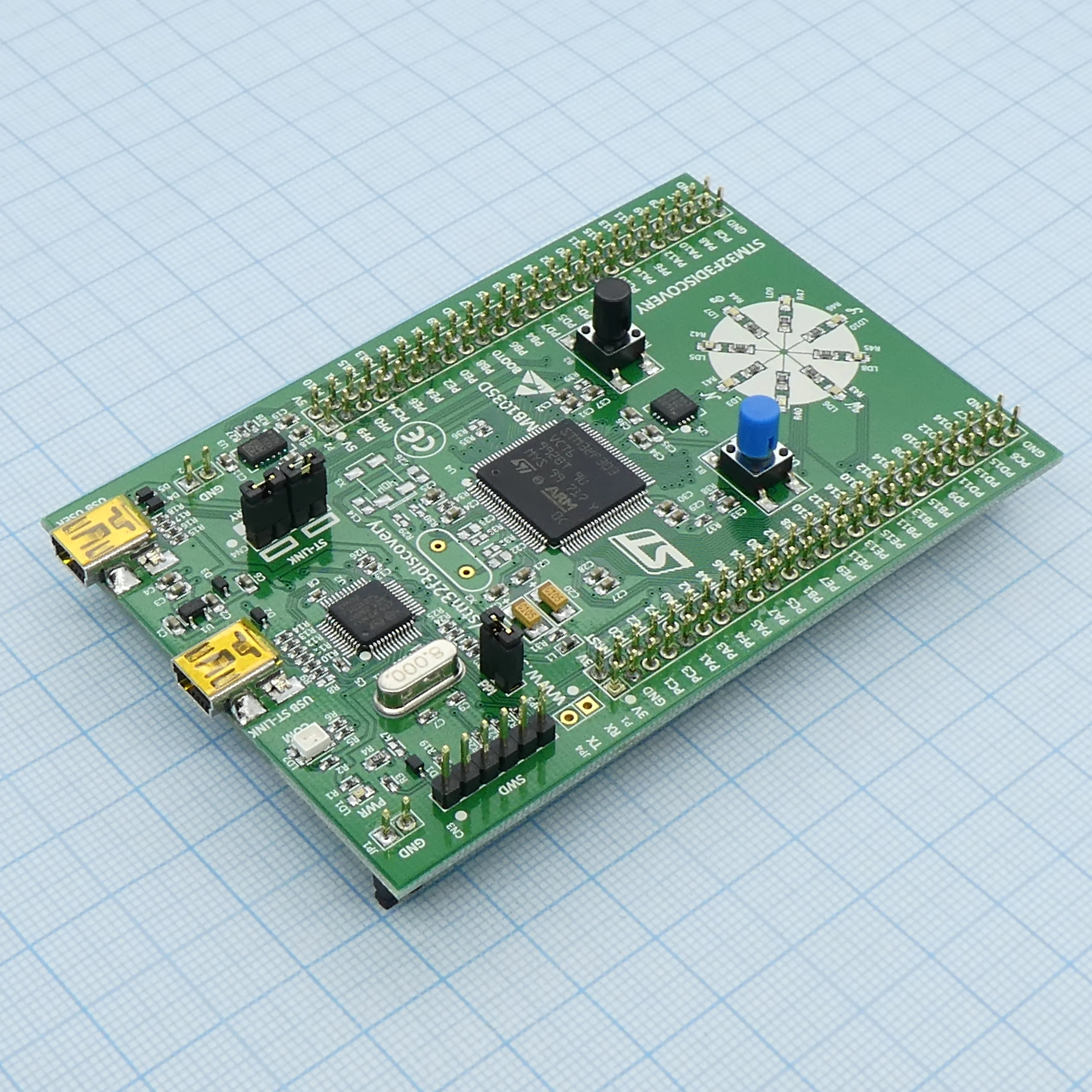 STM32F3DISCOVERY - Демоплата на STM32F3 (cortexM4) с расширенной аналоговой периферией, в составе ST-LINK/V2, гироскоп L3GD20, акселлерометр+магнитометр LSM303DLHC