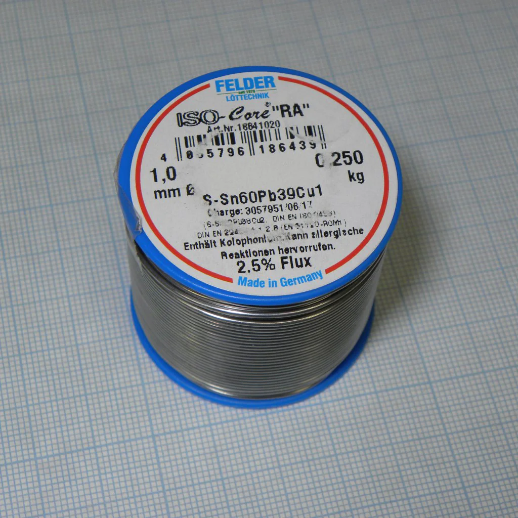 Припой Sn60Pb39Cu1 RA   1мм 250г акт. - Припой трубчатый оловянно-свинцовый ПОС61, 2.5% флюс RA активный с низким содержанием галогенов (ROM1)