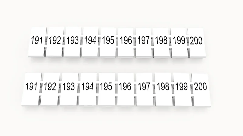 Марк.  полоска ZB6-10P-19-31Z(H) - Маркировочные шильдики для клемм WS…, DC…, PC…, сечением 4 мм кв., центральная, 10 шильдиков нанесенные символы: 191-200, с вертикальным расположением, размер шильдика: 5,55х10,7 мм, цвет белый