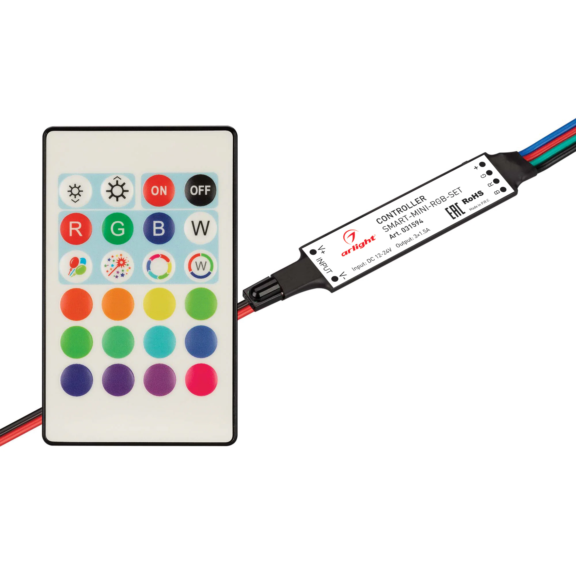 Контроллер SMART-MINI-RGB-SET (12-24V, 3x1.5A, ПДУ 24кн, IR) 031594 - Комплект миниатюрного контроллера с ИК-пультом для RGB светодиодной ленты (ШИМ). Питание/рабочее напряжение 12-24VDC, максимальный ток 1.5A на канал, 3 канала, максимальная мощность 54-