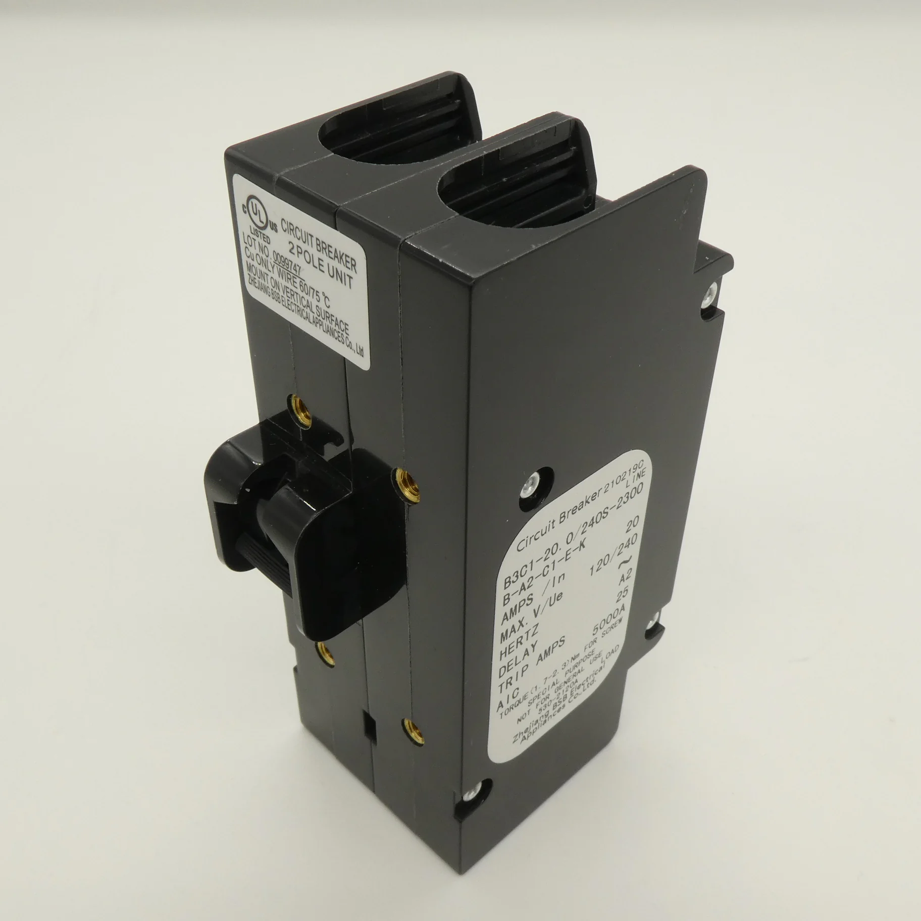 B3C1-20.0/240S-2300B-A2-C1-E-K - гидравлический электромагнитный прерыватель цепи 20A, 2P, 120/240VAC UL