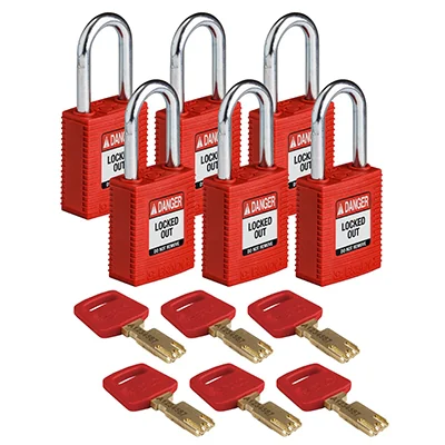 gws150270 - Замки SafeKey нейлоновые со стальной дужкой, высота дужки – 38 мм, диаметр дужки – 6.4 мм, нейлоновый корпус, размеры корпуса – 46х38х19 мм, цвет – красный, 6 шт/упак