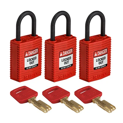 gws150189 - Замки SafeKey нейлоновые компактные, нейлоновая дужка, высота дужки – 25 мм, диаметр дужки – 4.3 мм, нейлоновый корпус, размеры корпуса – 43х32х19 мм, система "Одинаковые ключи", цвет – красный, 3 шт/упак
