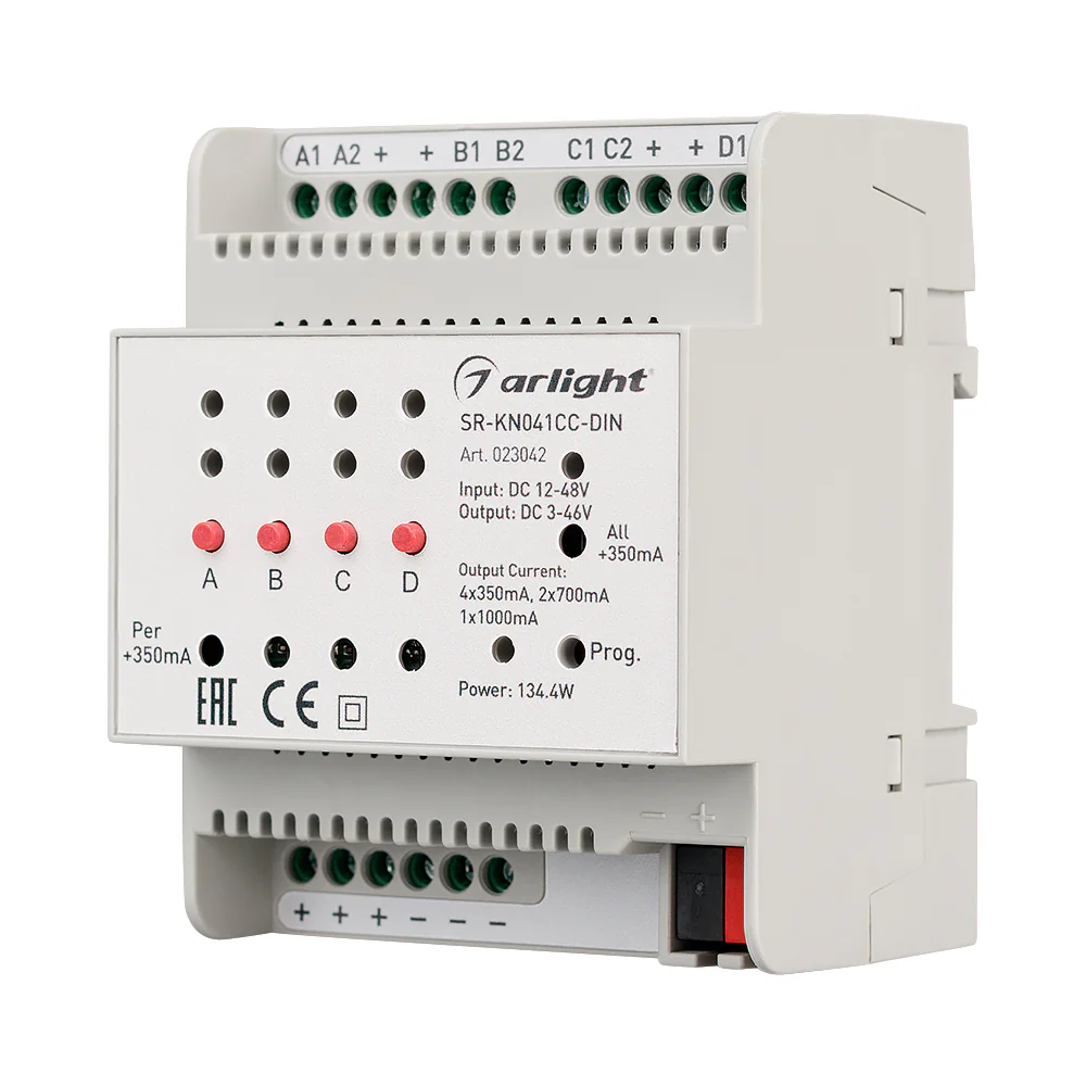 Контроллер тока SR-KN041CC-DIN (12-48V, 4x350/700mA) 023042 - Универсальный диммер стандарта KNX с токовым выходом для установки на DIN-рейку. Возможность ручного управления. Питание DC 12-48V, ток нагрузки 350/700/1000 mA на канал, 4/2/1 канала управлени