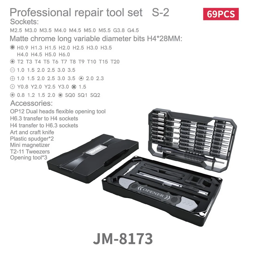 Набор инструментов JM-8173 - 69в1. В наборе-Torx,шлиц,крест,шестигранник,треугольник,три крыла,звезда,U-образные,квадрат,большой крест. Пластиковый плунжер,пинцет,пластиковые медиаторы,мини магнитайзер,переходник с H6.3 на H4,переходник с H4 на H6.3,инстр