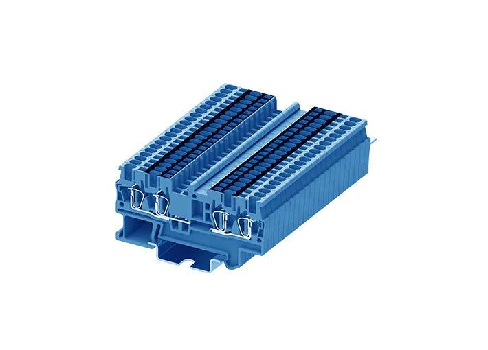 Проходная клемма TC1.5-2X2-BU - Проходная клемма, с разрывом цепи, 2X2 точки подключения, тип фиксации провода: пружинный, номинальное сечение: 1,5 мм кв., 17,5A, 500V, ширина: 4,2 мм, цвет: синий, тип монтажа: DIN 35