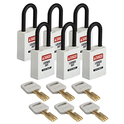 gws150308 - Замки SafeKey нейлоновые с пластиковой дужкой, высота дужки – 38 мм, диаметр дужки – 6.4 мм, нейлоновый корпус, размеры корпуса – 46х38х19 мм, цвет – белый, 6 шт/упак