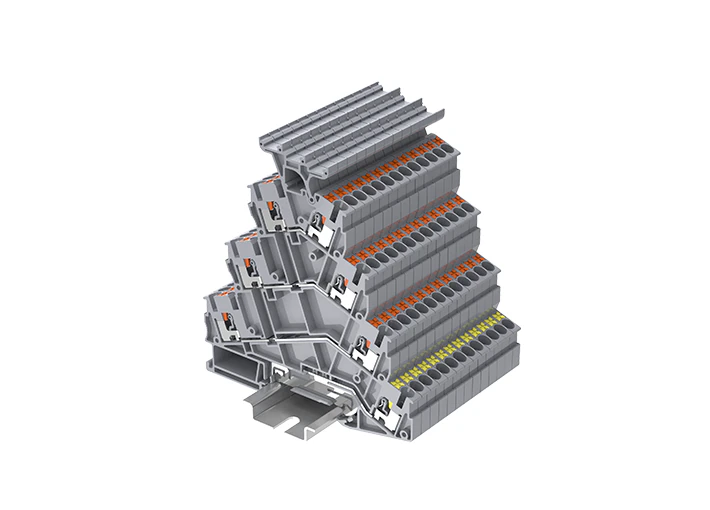 Этажная клемма TPFS2.5-2T-GY - Этажная клемма, с держателем маркировки, 3Х2+PE точек подключения, тип фиксации провода: push-in, номинальное сечение: 2,5 мм кв., 20A, 800V, ширина: 5,2 мм, цвет: серый, тип монтажа: DIN 35