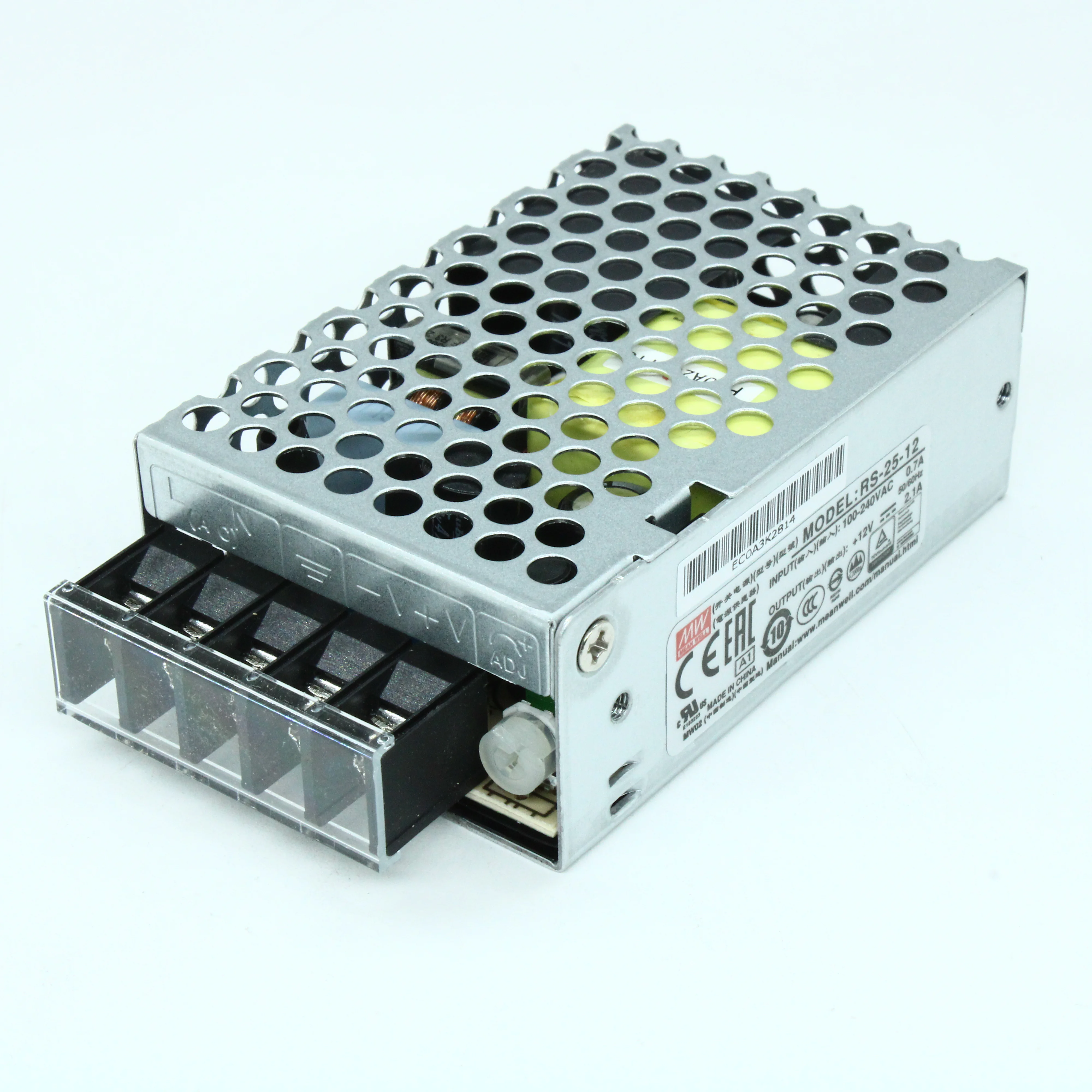 RS-25-12 - AC-DC, 25Вт, выход 12В/2.1A, рег. вых 10.8…13.2 В , вход 88…264В AC, 47…63Гц / 125…373 В DC,  изоляция 3000В AC, в кожухе 79х51х28мм, -20…+70°С