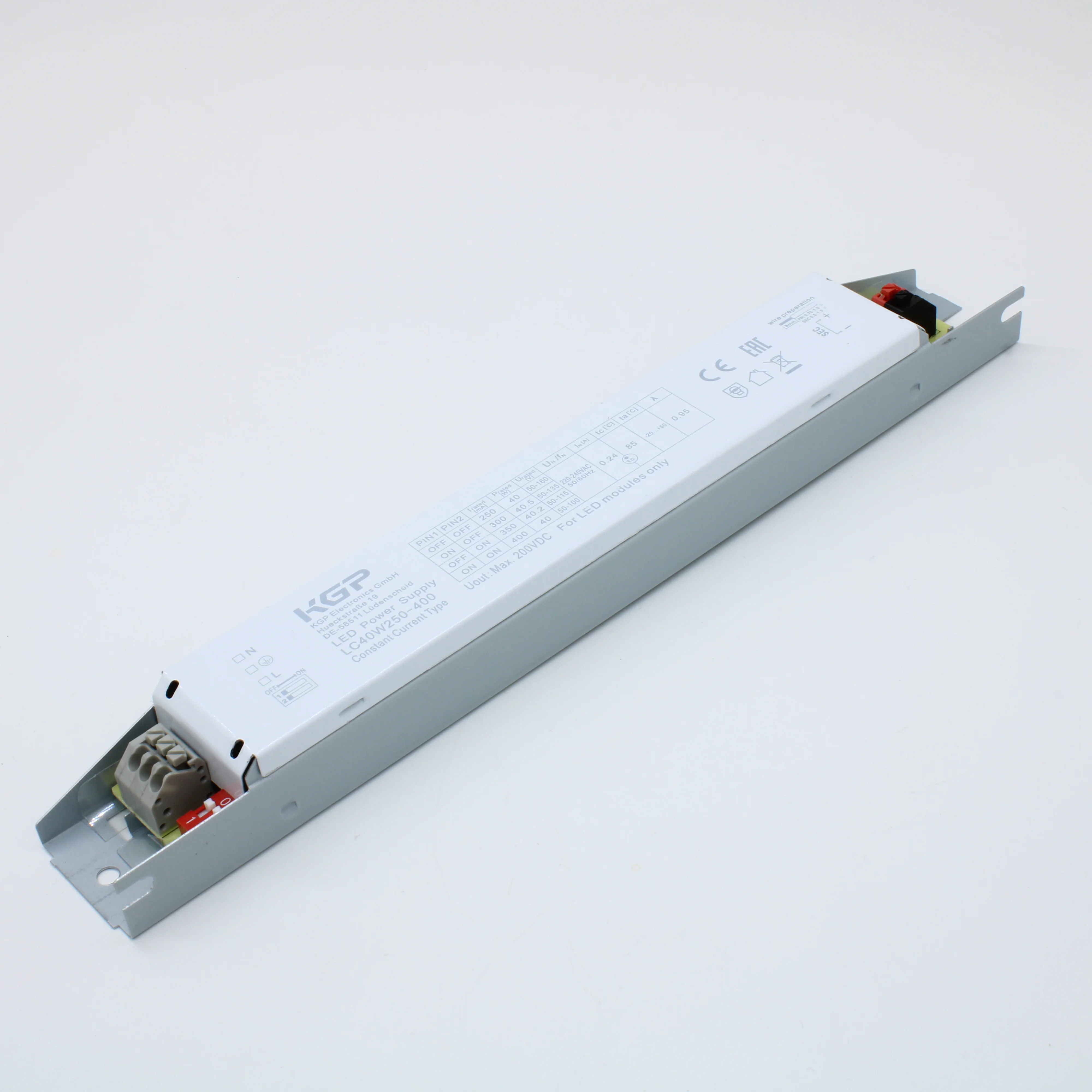 LC40W250-400 - AC-DC, 40Вт, стаб.тока, вход 180…264В AC, 50/60Гц, выход (DIP-SW) 250/300/350/400мA/80…140/65…133/65…114/65…100В, ККМ, изоляция 3000В AC/1мин, в кожухе 230х30х21мм, -25…+50°С, IP20, защиты SCP, OLP, NLP, 380В (все с автовосстановлением)