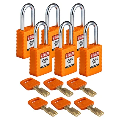 gws150336 - Замки SafeKey нейлоновые со стальной дужкой, высота дужки – 38 мм, диаметр дужки – 6.4 мм, нейлоновый корпус, размеры корпуса – 46х38х19 мм, цвет – оранжевый, 6 шт/упак