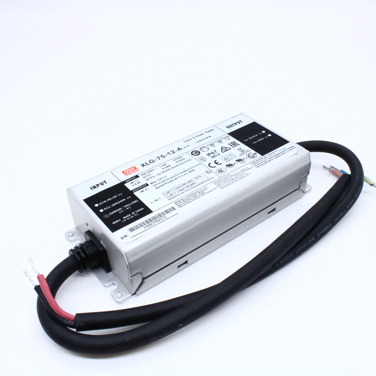 XLG-75-12-A - AC-DC, 60Вт, IP67, вход 100…305В AC, 47…63Гц, ККМ, выход 5А/8.4…12В, изоляция 3750В AC, в кожухе 140х63х32мм, -40…+90°С (корпус), встр. потенциометр