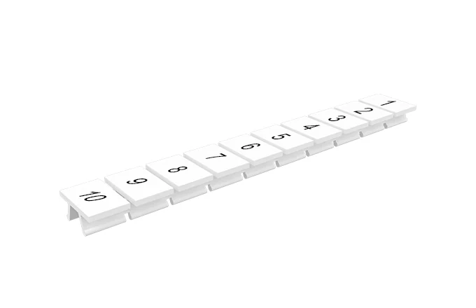 Маркировка  308801/1...10V - Маркировочные шильдики для клемм TU/TP/TC, сечением 6 мм кв., 10 шильдиков, нанесенные символы: 1…10, с вертикальным расположением, цвет белый
