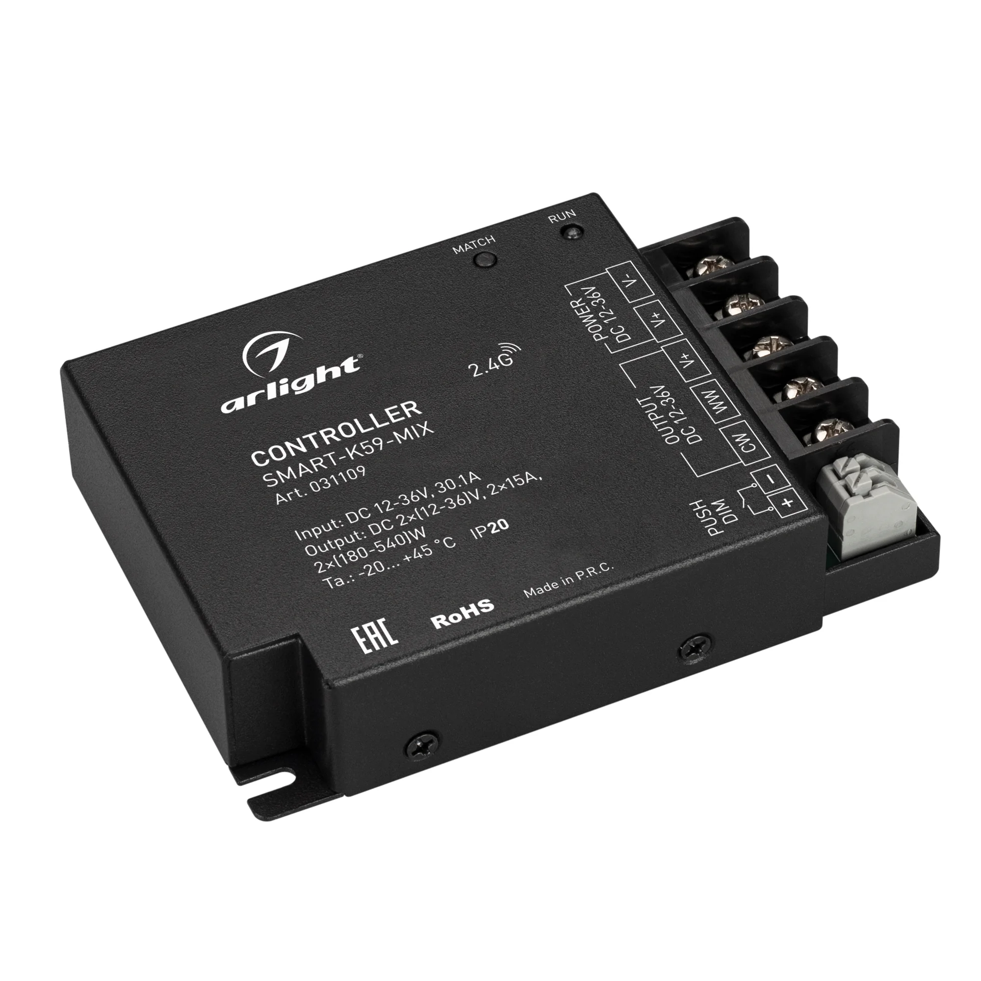 Контроллер SMART-K59-MIX (12-36V, 2x15A, 2.4G) 031109 - Контроллер для светодиодной MIX ленты (ШИМ). Питание/рабочее напряжение 12-36VDC, максимальный ток 15A на канал, 2 канала, максимальная мощность 360-1080W. Винтовые клеммы. Корпус - металл. Габариты 