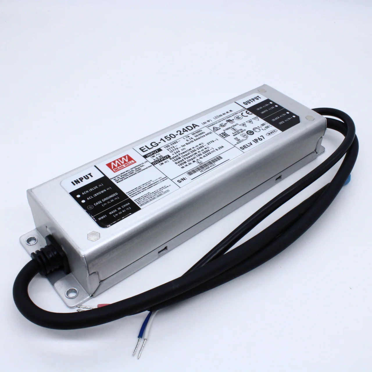 ELG-150-24DA - AC-DC, 150Вт, IP67, вход 100…305В AC, 47…63Гц/142…431В DC, ККМ, выход 12...24В/6,25А, изоляция 3750В AC, в кожухе 219х63х35,5мм, -40…+70°С, DALI