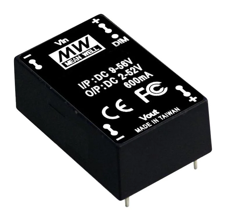 LDD-1200H - DC/DC LED понижающий, вход 9…52В, выход 2…46В/1.2А, КПД до 97%, вход On/Off/DIMM, 31.8x20.3x12.2мм, DIP, -40…71°C, пластик
