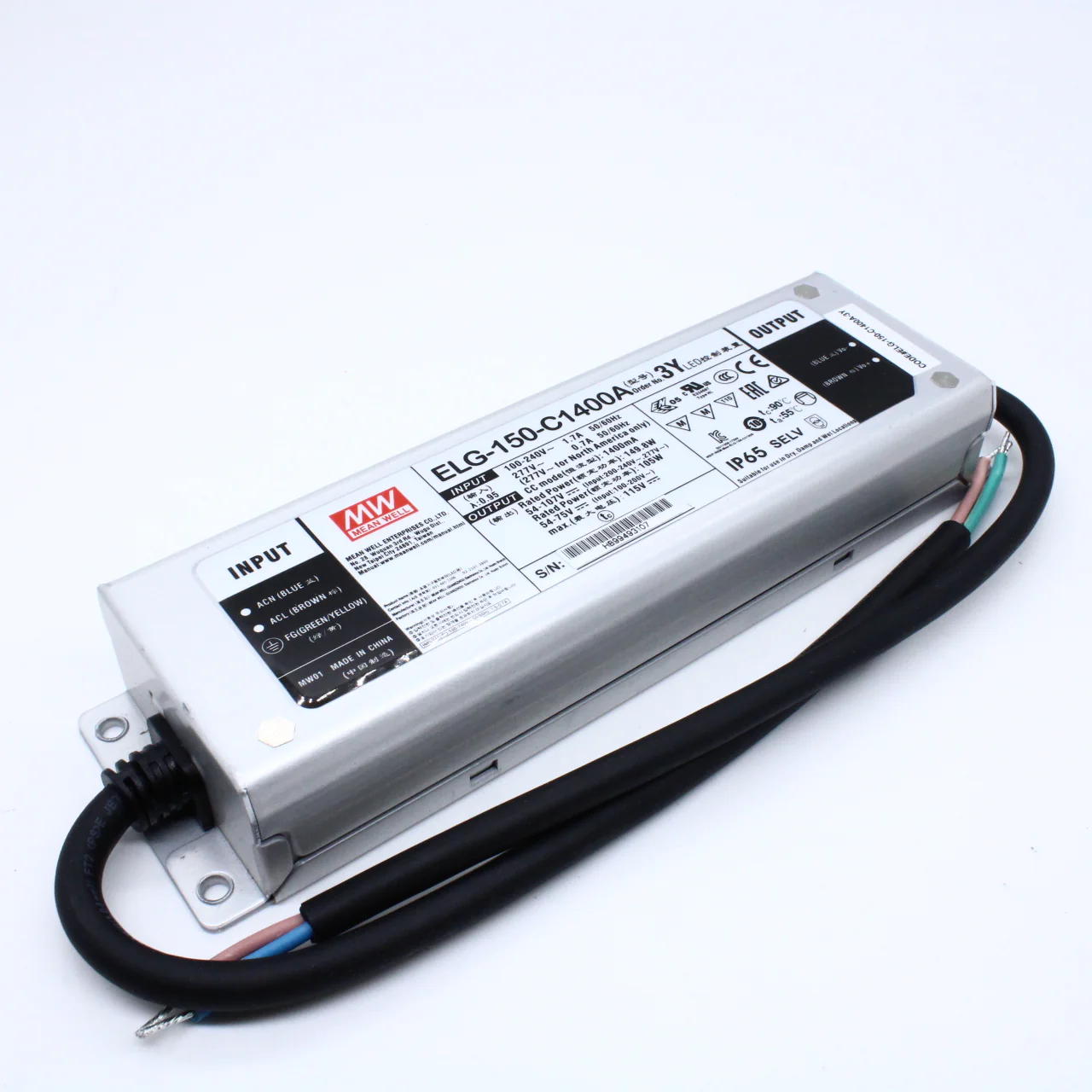 ELG-150-C1400A-3Y - AC-DC, 149.8Вт, IP65, вход 100…305В AC, 47…63Гц/142…431В DC, ККМ, выход 54…107В/1400мА, рег. тока 50...100%, изоляция 3750В AC, в кожухе 219х63х35.5, -40…+70°С, провод заземления