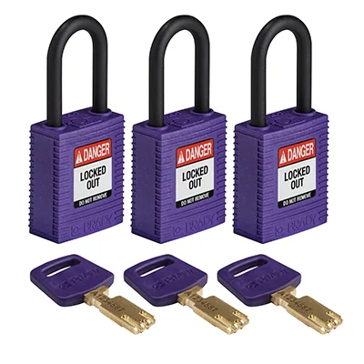 gws150353 - Замки SafeKey нейлоновые с пластиковой дужкой, высота дужки – 38 мм, диаметр дужки – 6.4 мм, нейлоновый корпус, размеры корпуса – 46х38х19 мм, система "Одинаковые ключи", цвет – фиолетовый, 3 шт/упак