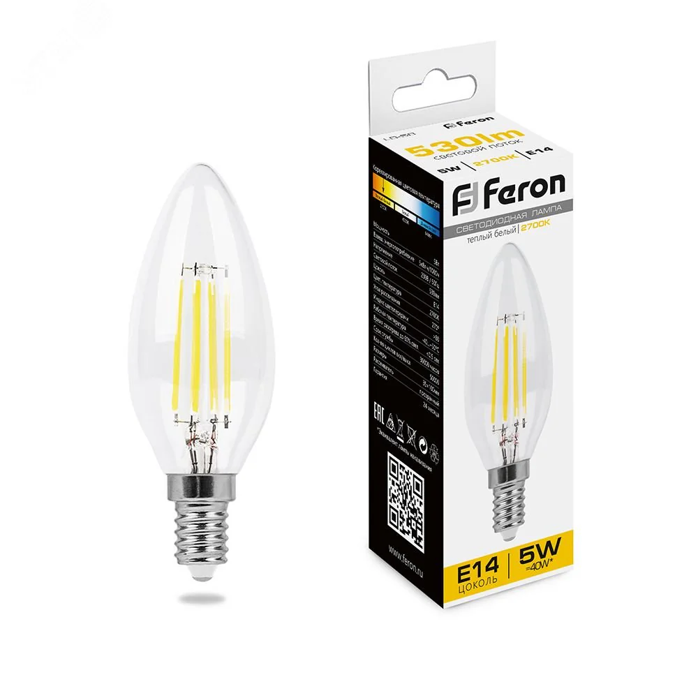 Лампа светодиодная LED 5вт Е14 теплый свеча FILAMENT 25572