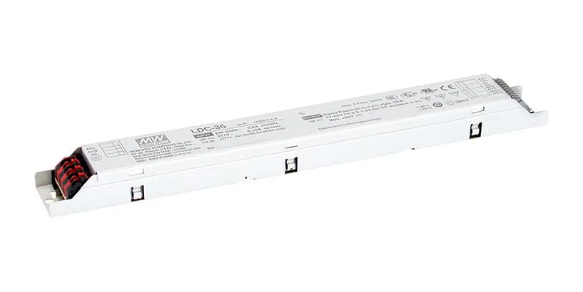 LDC-35B - AC-DC, 35Вт, стабилизатор тока, вход 180…295В AC, 47…63Гц, выход 300…1000мA/27…56В, ККМ, изоляция 3750В AC, в кожухе 280х30х21мм, -25…+80°С, NTC вход, димминг 0…10В и ШИМ