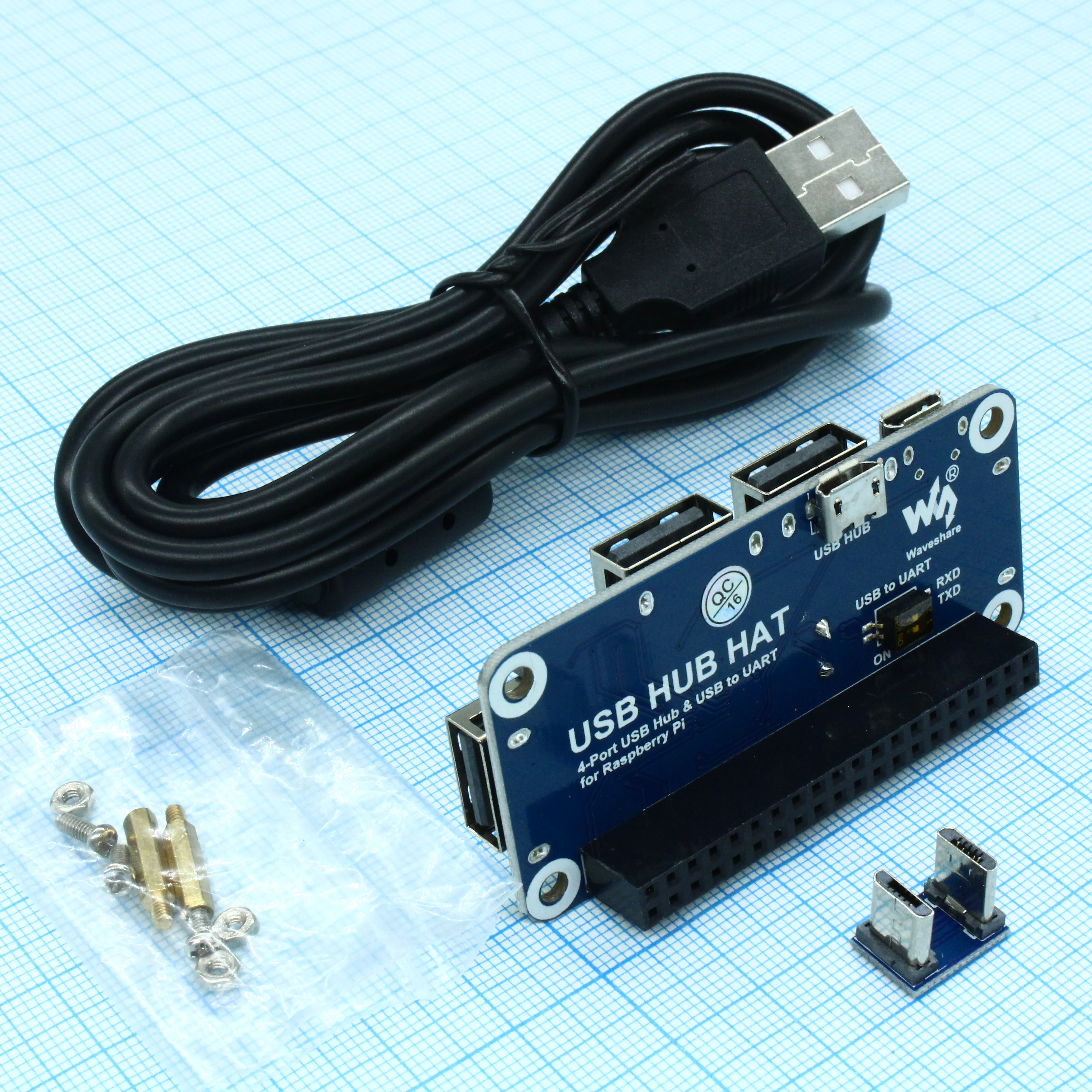 USB HUB HAT - 4-портовый USB-концентратор со встроенным USB-UART преобразователем для отладки RPi