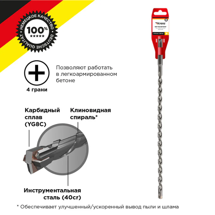 Бур по бетону 10x350x290 мм крестовая пластина SDS PLUS KR-91-0825