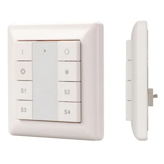 INTELLIGENT ARLIGHT Панель DALI-223-1G-4S-IN (BUS) 025505 - Встраиваемая кнопочная белая пластиковая панель для работы по протоколу DALI. Включение/выключение, диммирование, вызов и сохранение 4-х сцен в 1 группе. Установка номера группы и номера первой с