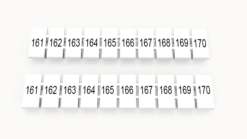 Марк.  полоска ZB5-10P-19-49Z(H) - Маркировочные шильдики для клемм WS…, DC…, PC…, сечением 2,5 мм кв., центральная, 10 шильдиков, нанесенные символы: 161-170 с вертикальным расположением, размер шильдика: 4,55х10,7 мм, цвет белый