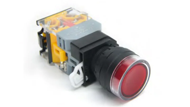 Кнопка  DT22A-FRD11/RDAC/DC24 - Кнопка управления в сборе, без фиксации, 24 - 380VAC / DC, 0,6 - 10A, с подсветкой, 24VDC, низкая, 1NO1NC, цвет: красный, диаметр отверстия: 22 мм, пластиковая обойма кнопки