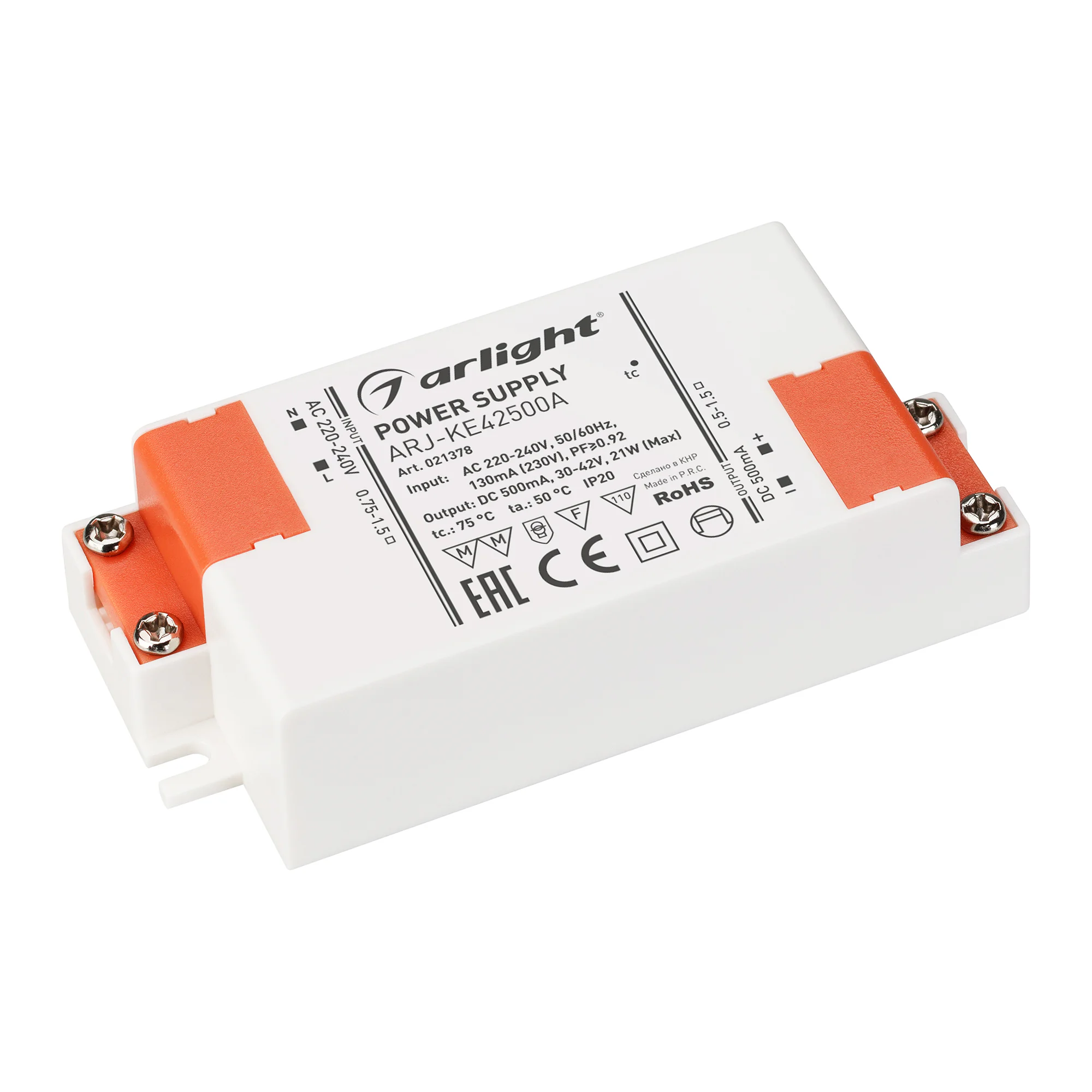 Блок питания ARJ-KE42500A (21W, 500mA, PFC) 021378 - Источник тока с гальванической развязкой для светильников и мощных светодиодов. Входное напряжение 220-240 VAC. Выходные параметры: 30-42 В, 500 mА, 21 Вт. Встроенный PFC >0.92. Негерметичный пластиковы