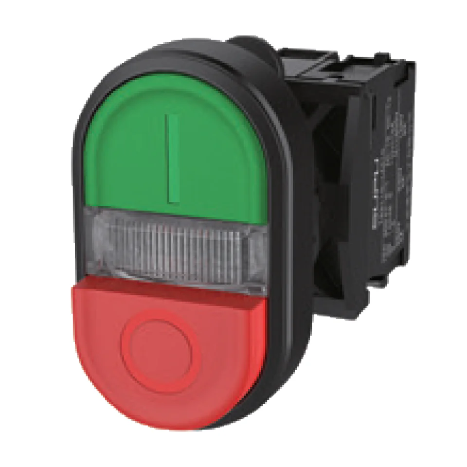 Селекторный переключатель (зел/красн) TS2517-0MM21-S10 - Двухпозиционный кнопочный переключатель (плоский верх/выпуклый низ), плоский верх/выпуклый низ, LED AC 220V, пластиковое переднее кольцо, с мгновенным нажатием, с контактной группой 1NO, размер голо