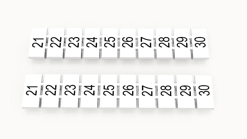 Марк.  полоска ZB6-10P-19-238Z(H) - Маркировочные шильдики для клемм WS…, DC…, PC…, сечением 4 мм кв., центральная, 10 шильдиков нанесенные символы: 21-30, с горизонтальным расположением, размер шильдика: 5,55х10,7 мм, цвет белый