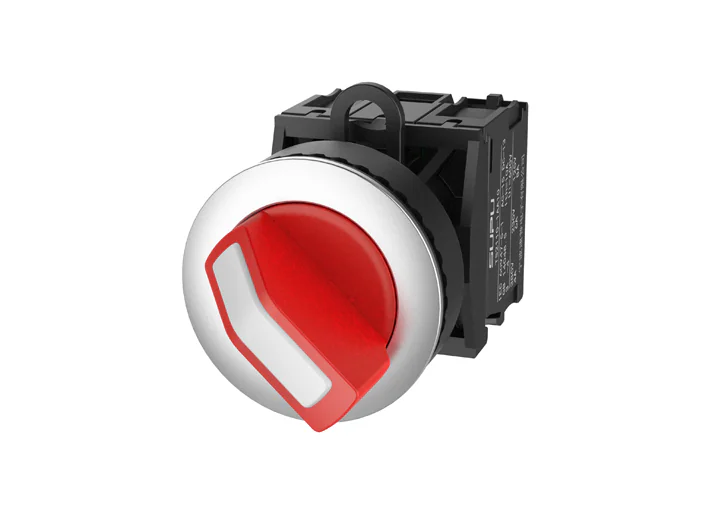 Селекторный переключатель (красный) TS2520-1CD10-S20 - Переключатель, короткая ручка, 3-х позиционный, пружинный самовозврат из левого положения, без подсветки, утопленное алюминиевое переднее кольцо, с мгновенным нажатием, с контактной группой 2NO, диаме