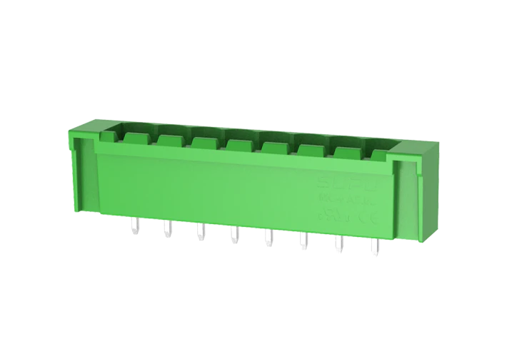 Вилочный разъем на плату MC-PA5.0V20-I-0002 - Вилочный разъем, вертикальный, на плату, шаг: 5.0 мм, 20 полюсов, фиксация на плате пайкой, исполнение: с дополнительной фиксацией на плате, 320V, 18A, цвет: зеленый