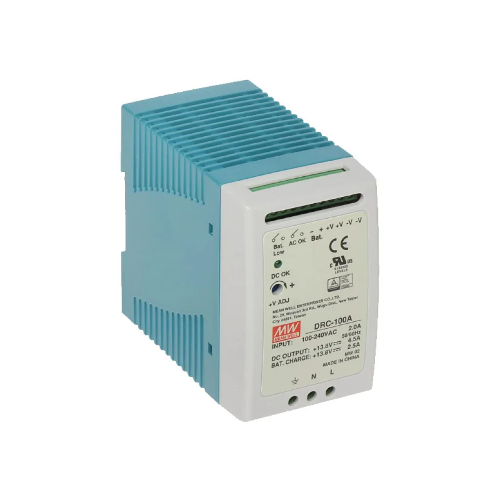 DRC-100A - AC-DC с функцией UPS, 60Вт, вход 90...264В АС/127...370В DC, выход 1: 13.8В/0…7 (4.5 ном.) А, выход зарядного устройства 13.8В/2.5А, изоляция 3000В АС, в корпусе 55х90х100мм, -30...+70°С