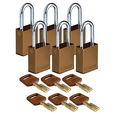 gws150301 - Замки SafeKey алюминиевые со стальной дужкой, высота дужки – 38 мм, диаметр дужки – 6.4 мм, алюминиевый корпус, размеры корпуса – 46х38х19 мм, цвет – коричневый, 6 шт/упак