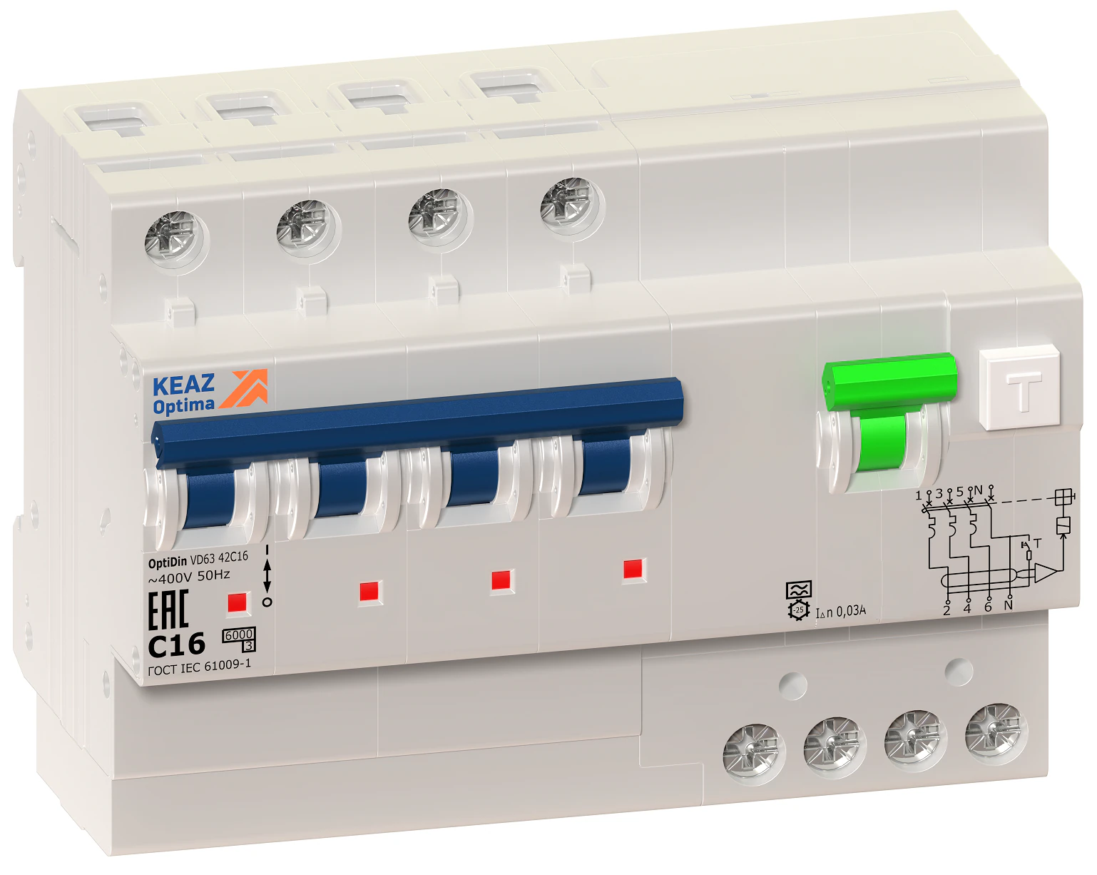 АВДТ с защитой от сверхтоков OptiDin VD63-42C32-A-УХЛ4 (4P, C32, 30mA) 10кА (1шт) 352553
