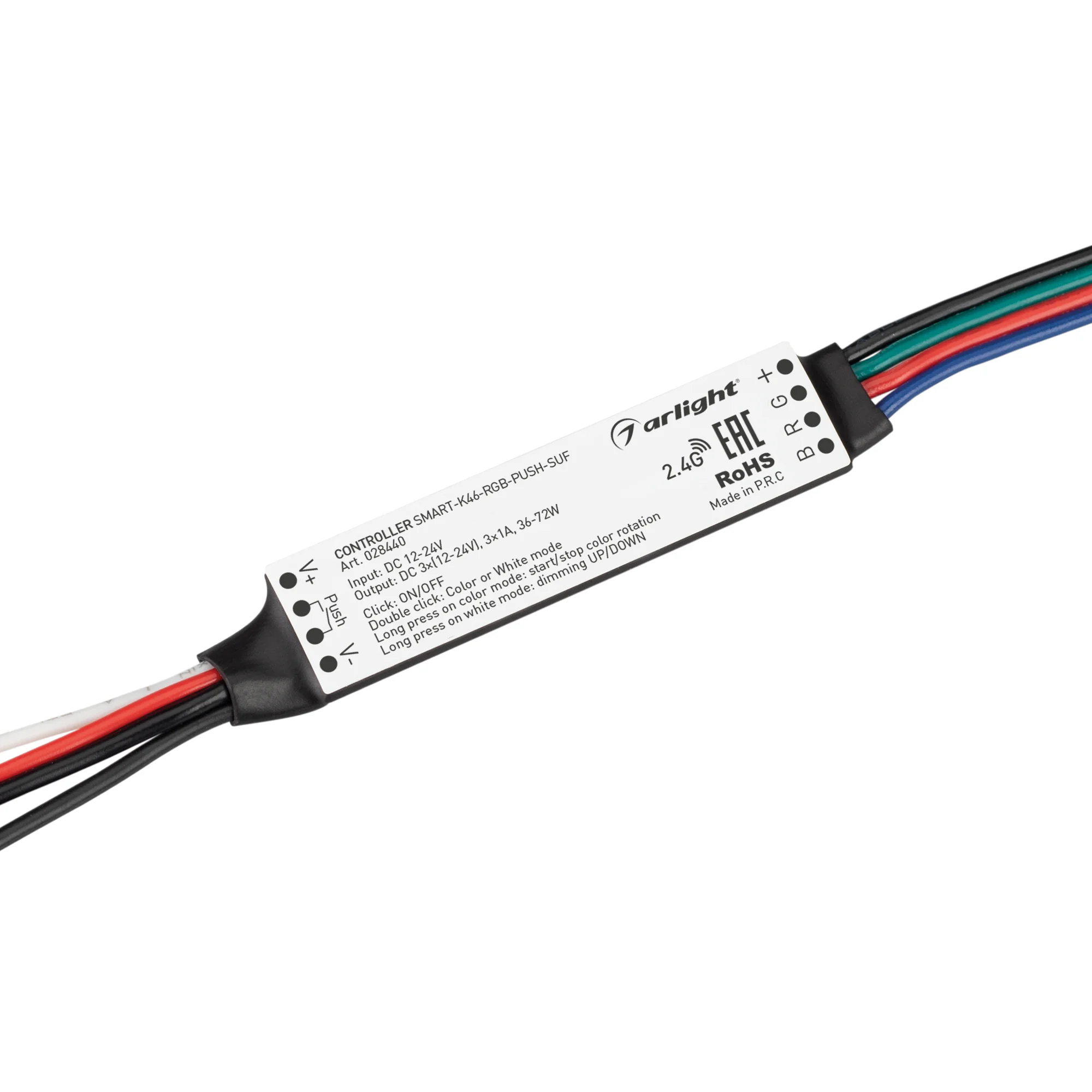 Контроллер SMART-K46-RGB-PUSH-SUF (12-24V, 3x1A, 2.4G) 028440 - Миниатюрный контроллер для RGB светодиодной ленты (ШИМ). Питание/рабочее напряжение 12-24VDC, максимальный ток 1A на канал, 3 канала, максимальная мощность 36-72W. Поддерживает функцию Push-D