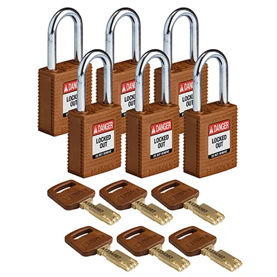gws150269 - Замки SafeKey нейлоновые со стальной дужкой, высота дужки – 38 мм, диаметр дужки – 6.4 мм, нейлоновый корпус, размеры корпуса – 46х38х19 мм, цвет – коричневый, 6 шт/упак